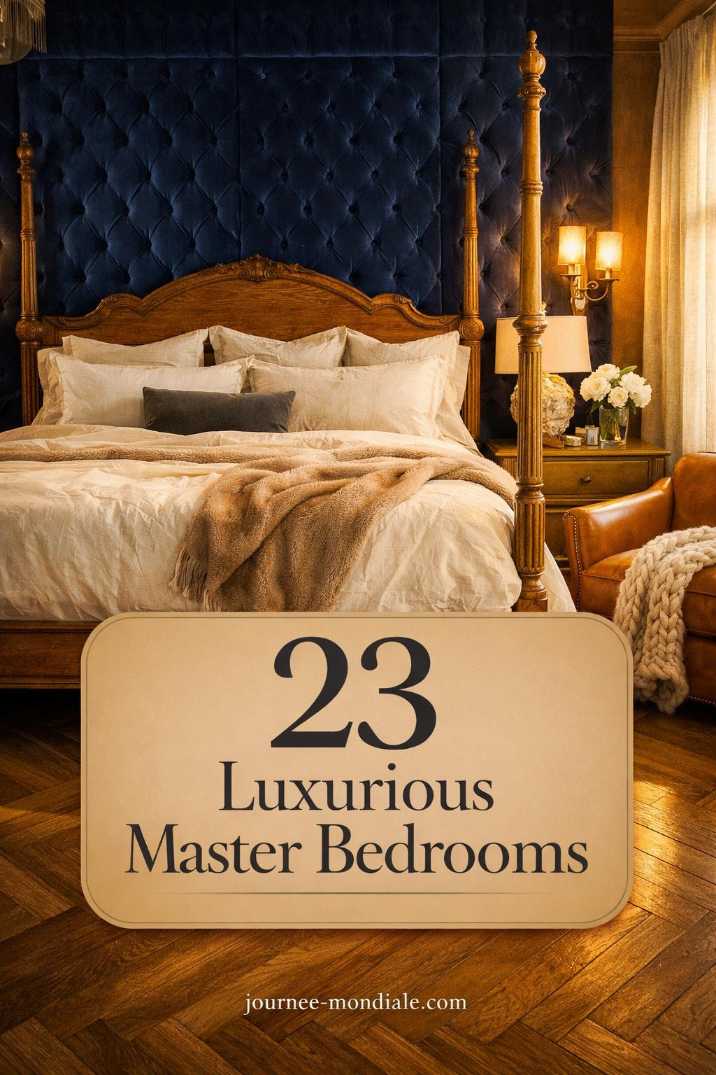 Luxurious master bedroom featuring plush velvet bedding, crystal chandelier, soft ambient lighting, tufted headboard, and romantic decor accents