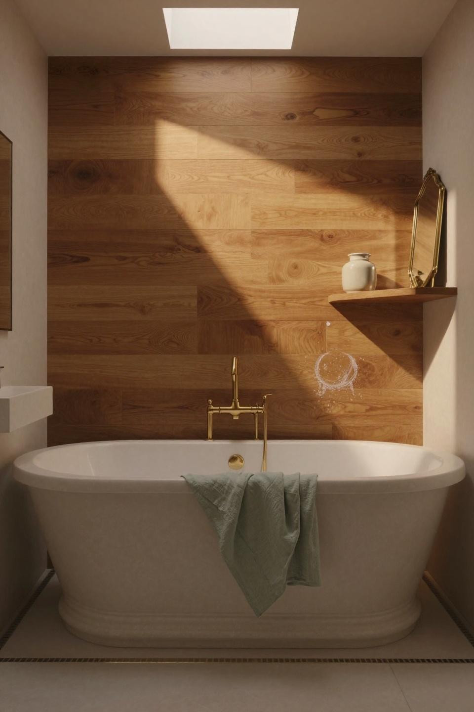 Luxury Bathroom Design Ideas - pale limestone freestanding tub with wood accent wall