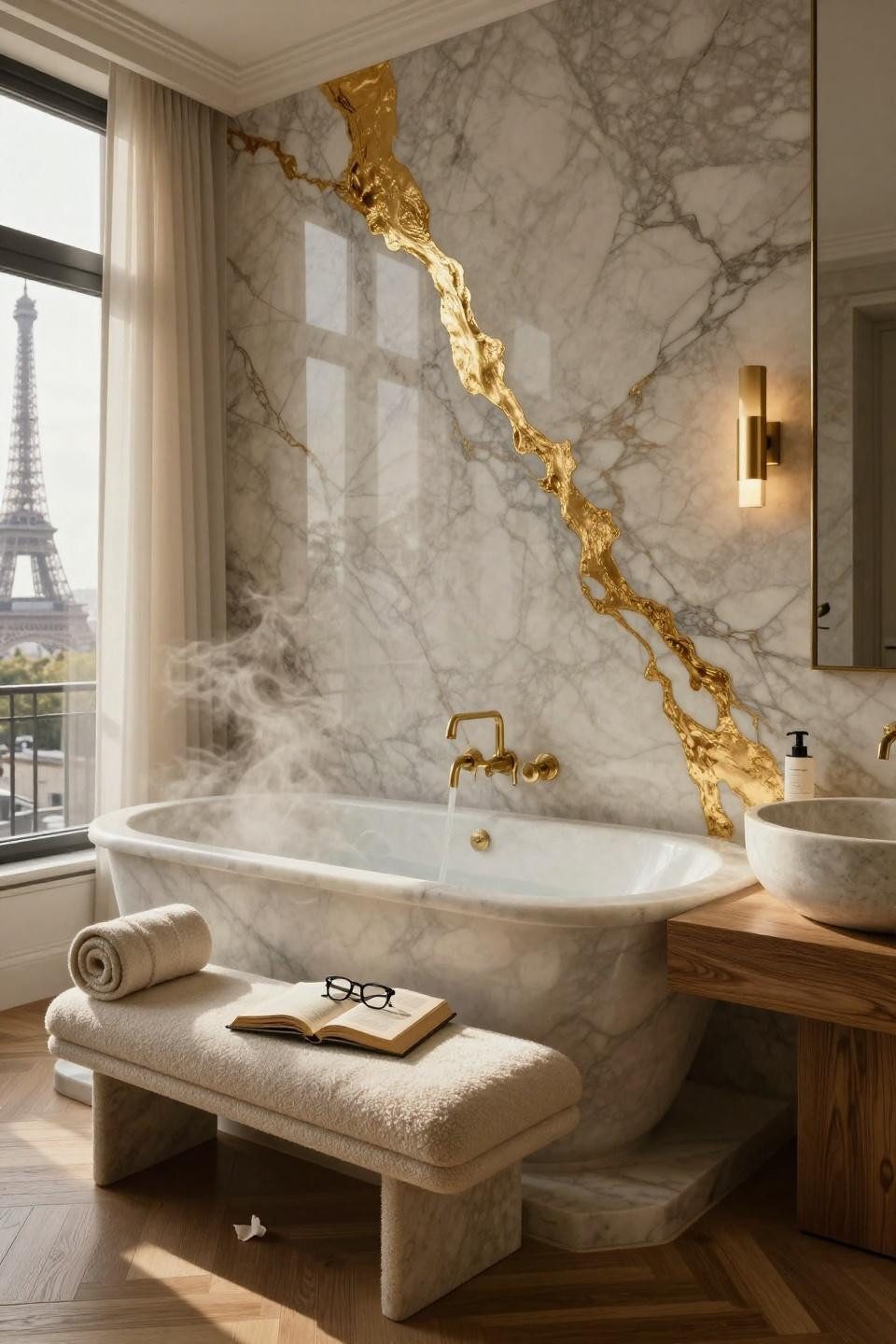 Luxury Bathroom Inspiration - Calacatta gold marble wall behind freestanding tub