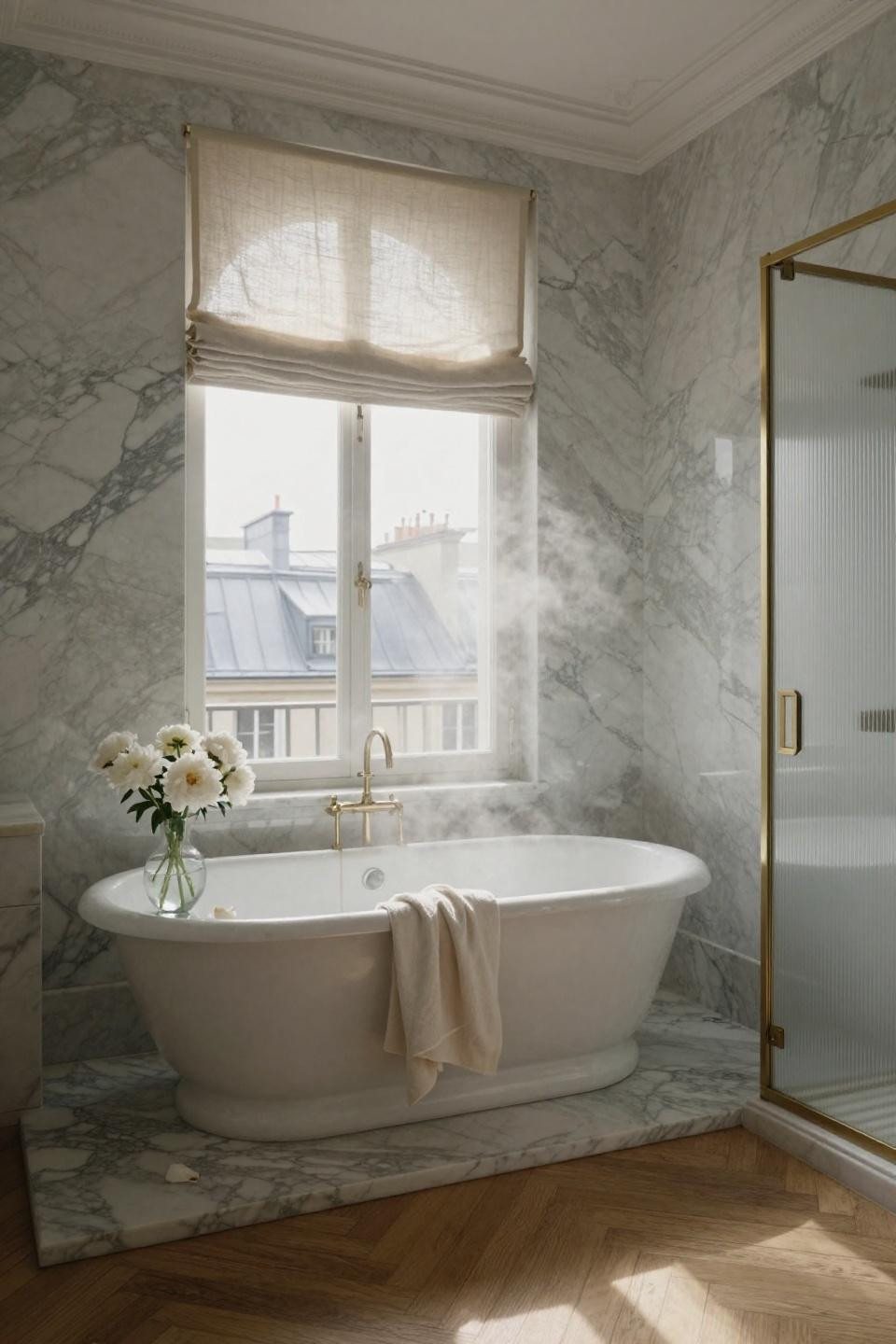 Luxury Bathroom Inspiration - floor-to-ceiling brass shower enclosure with fluted glass