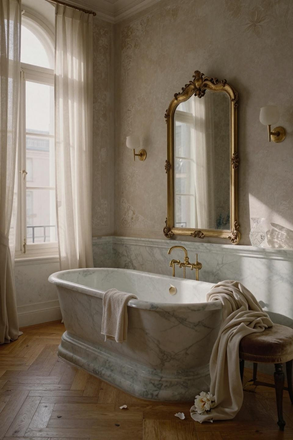Bathroom Design Interior - oversized brass mirror leaning against Venetian plaster