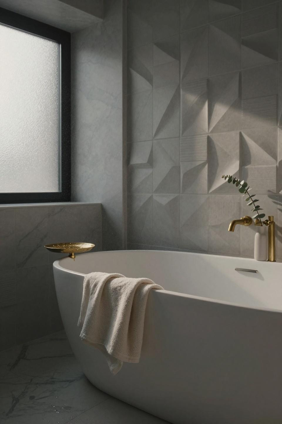 Luxe Bathroom - three-dimensional cement tiles with raking light