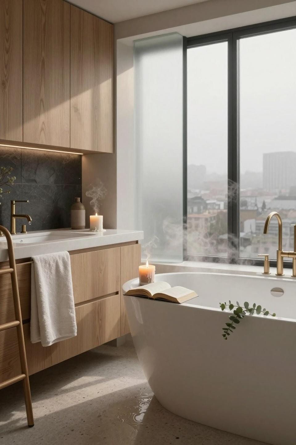 Modern Luxury Bathroom - floor-to-ceiling frosted glass diffusing light