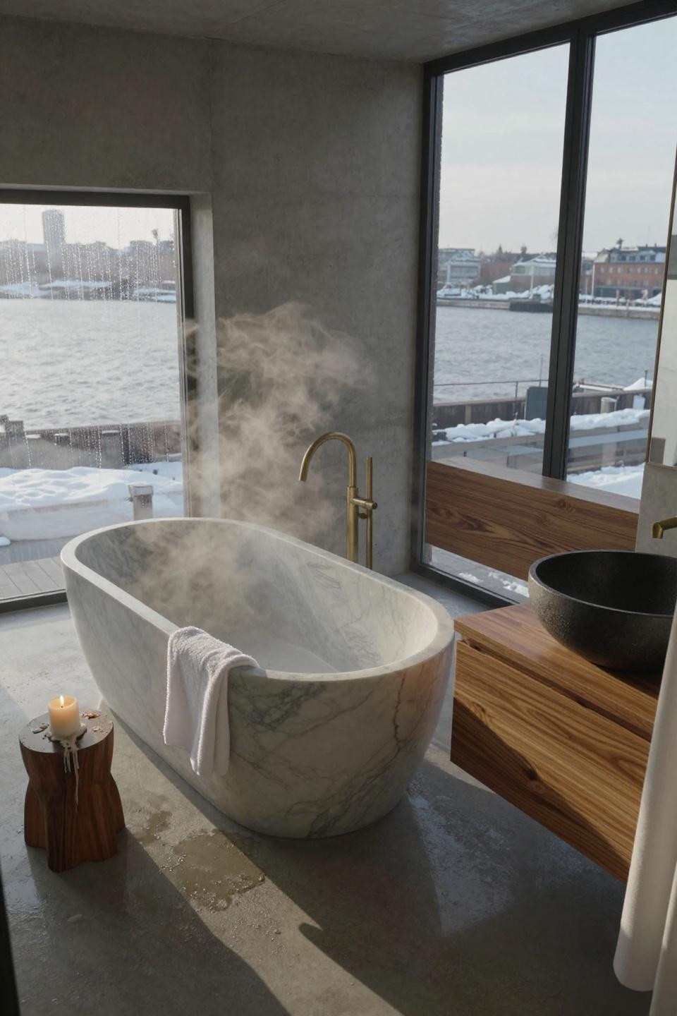 Modern Bathroom Ideas - polished concrete with teak and marble accents