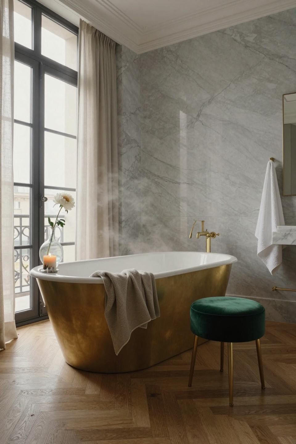 Elegant Bathroom Design - brass tub with emerald velvet stool accent