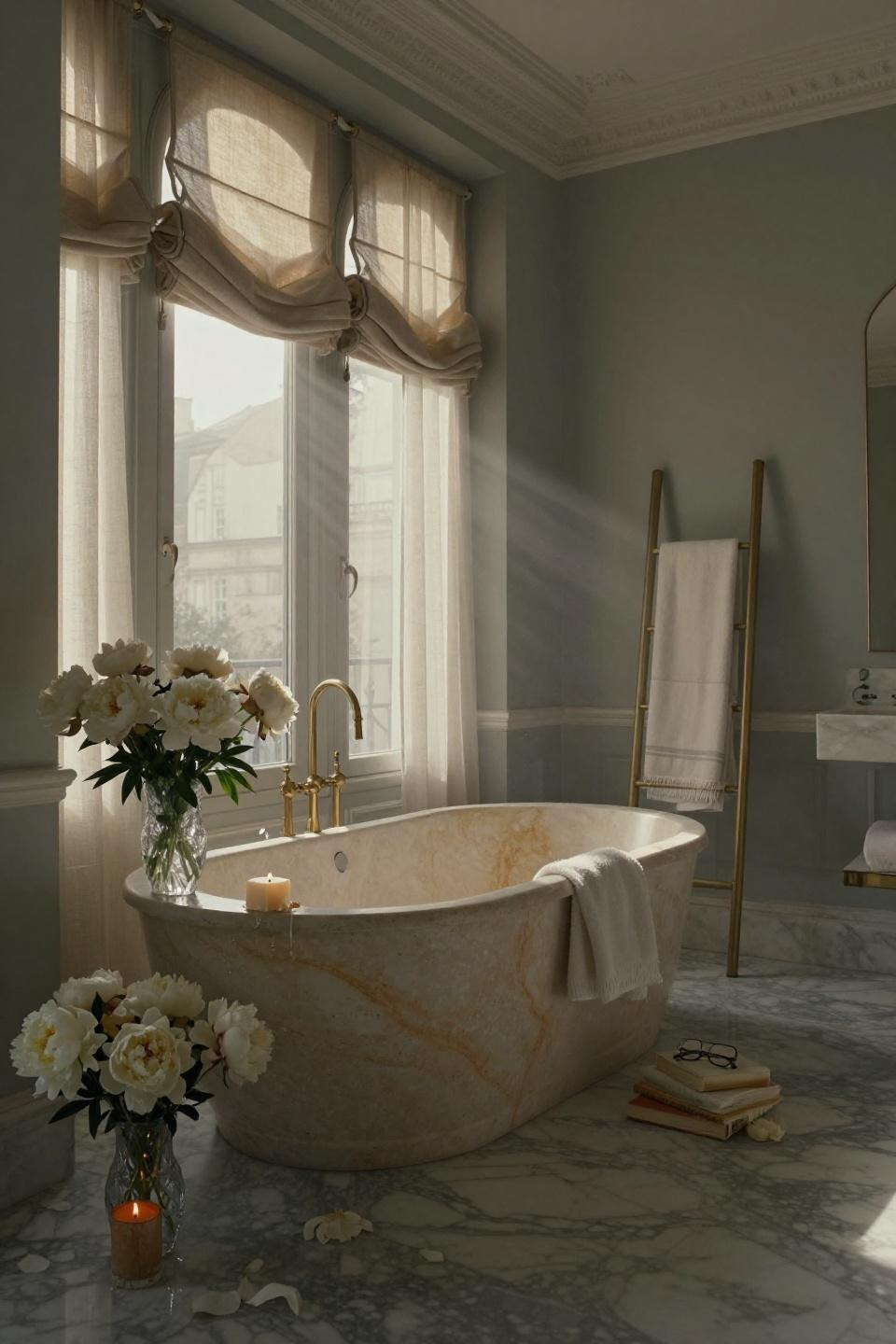 Bathroom Design Interior - Haussmann penthouse with travertine tub and Belgian linen