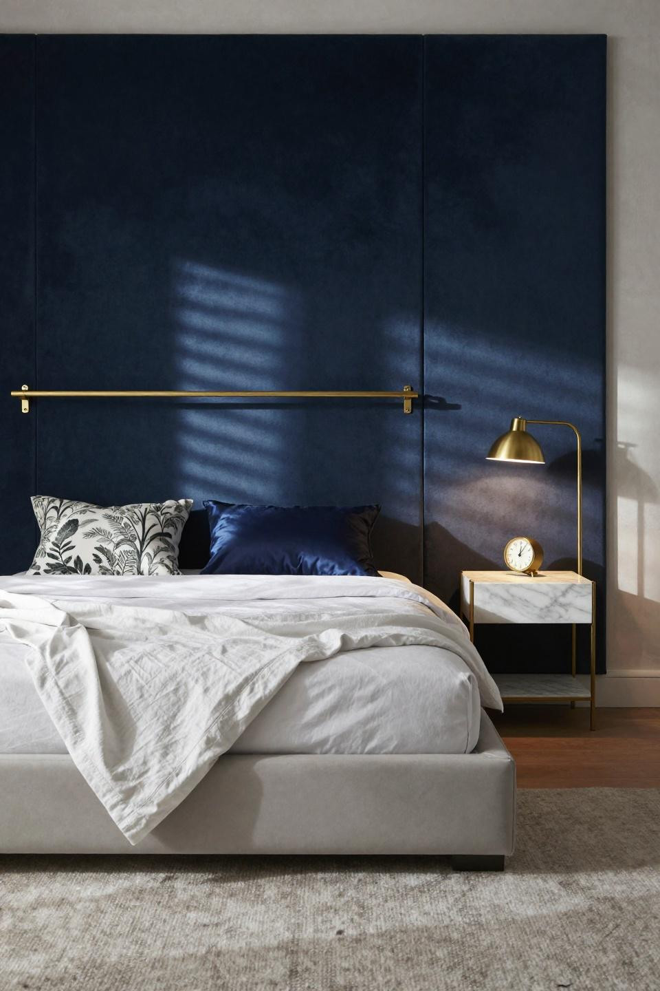 Luxury Mansions Interior Bedroom - navy velvet paneled wall brass rail