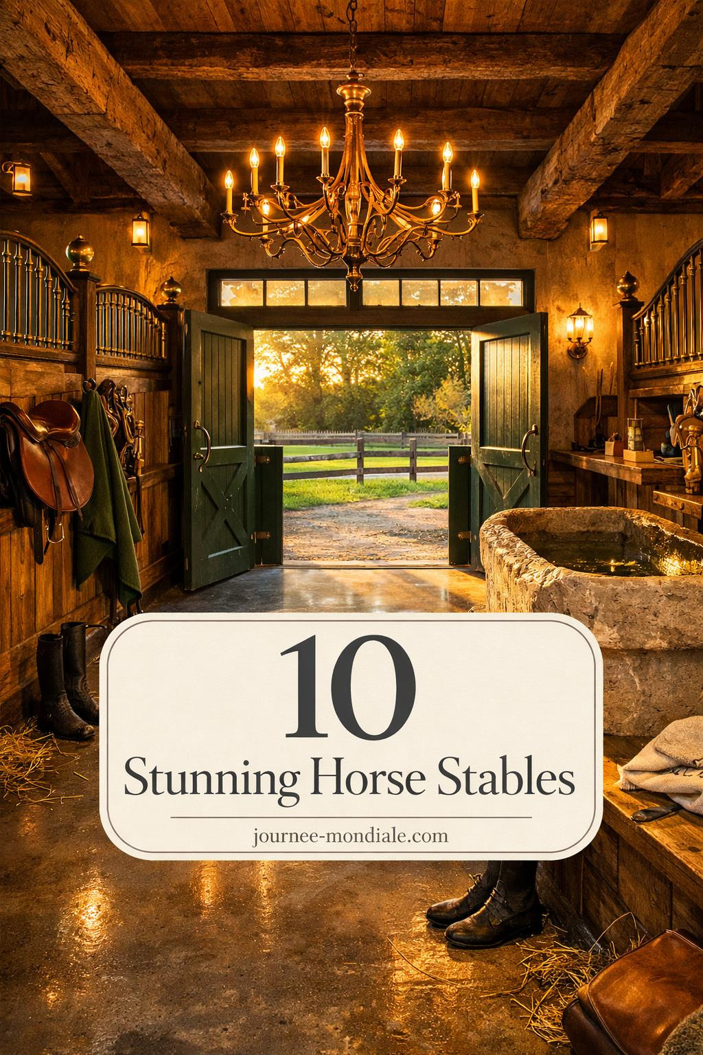 Elegant equestrian stable interior featuring polished wood stalls, brass fixtures, pendant lighting, and pristine concrete flooring in a modern horse barn