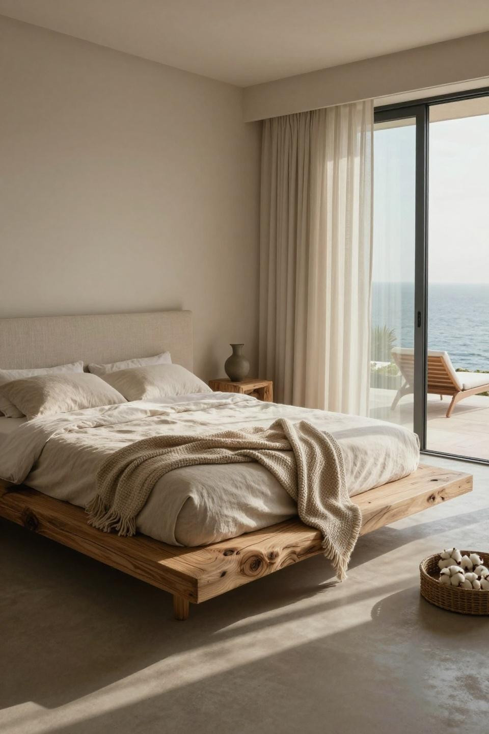 Rich Room Bedroom - bleached oak platform bed linen headboard