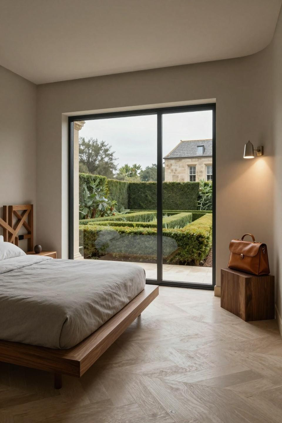 Ultra Luxury Bedroom - frameless glass partition walnut platform