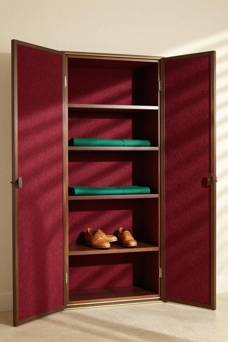 Sliding Wardrobe Ideas - mahogany panels with burgundy felt interior
