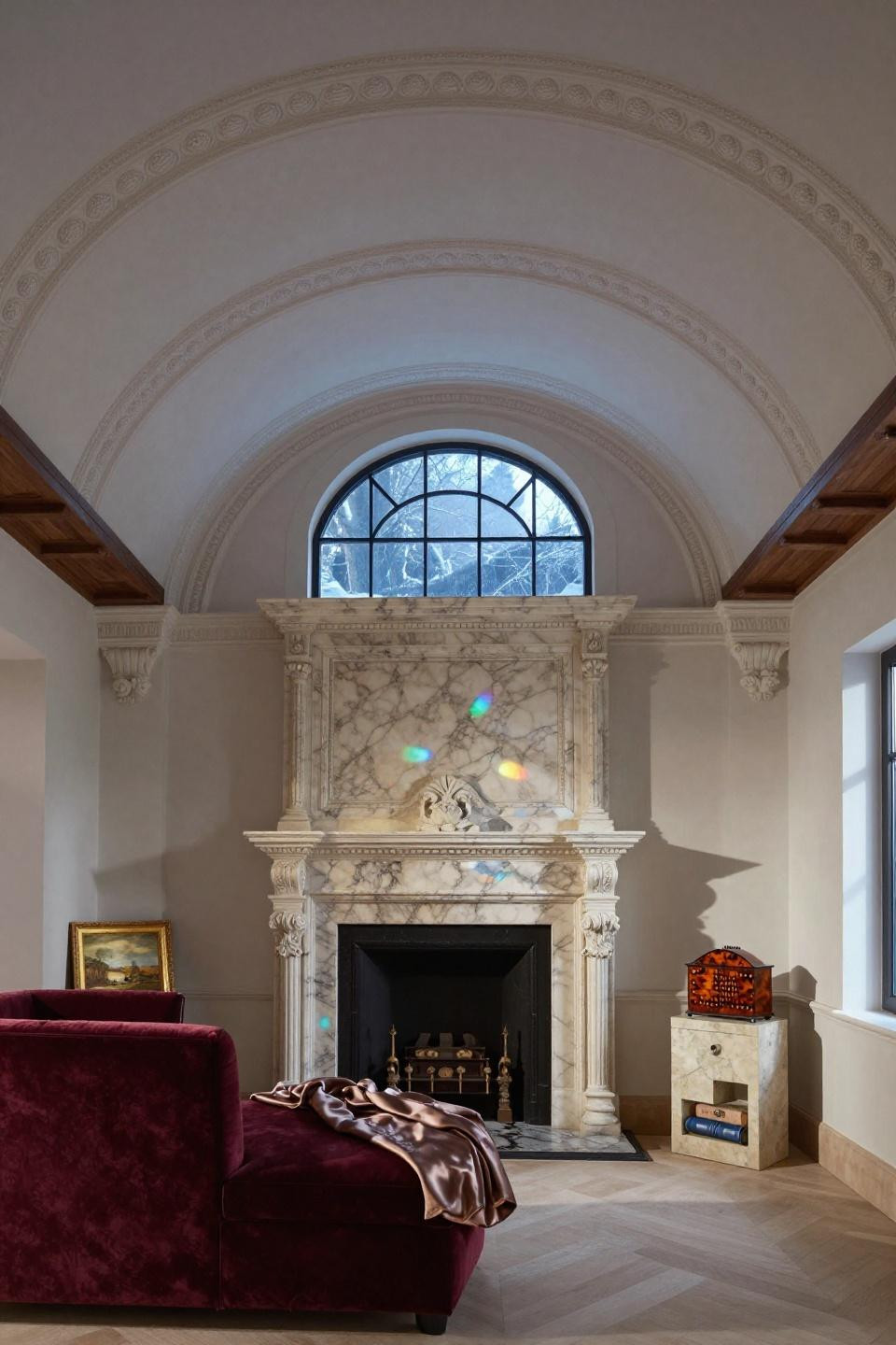 Rich Room Bedroom - cream marble fireplace burgundy velvet