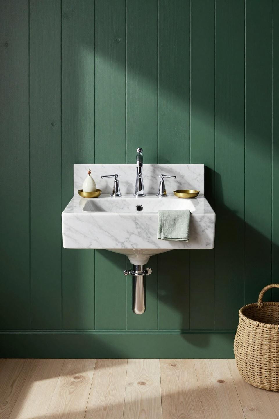 Toilet Room Design - Carrara marble console sink with forest green shiplap