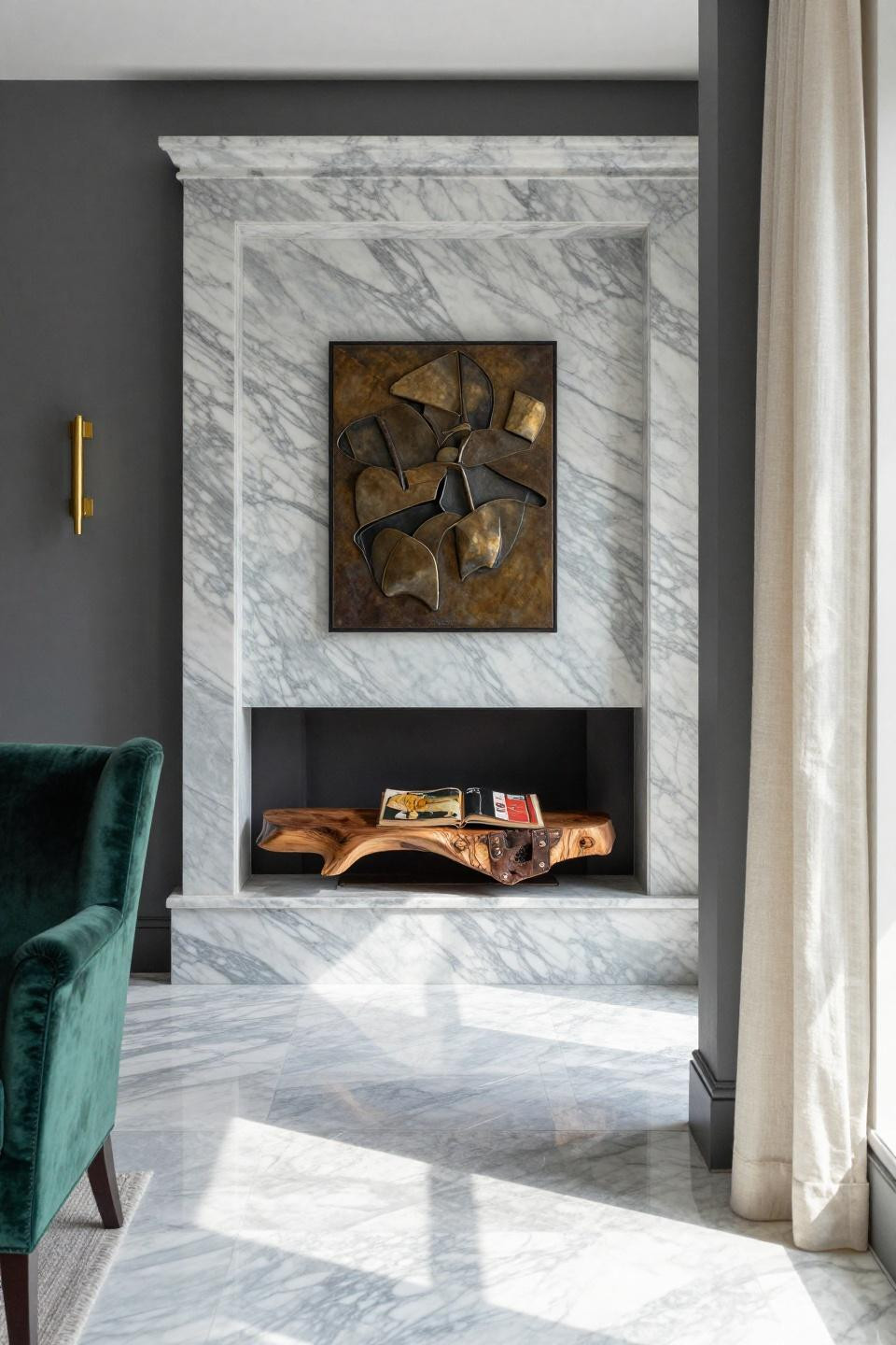 Living Room Fireplace Decor - charcoal fluted marble fireplace