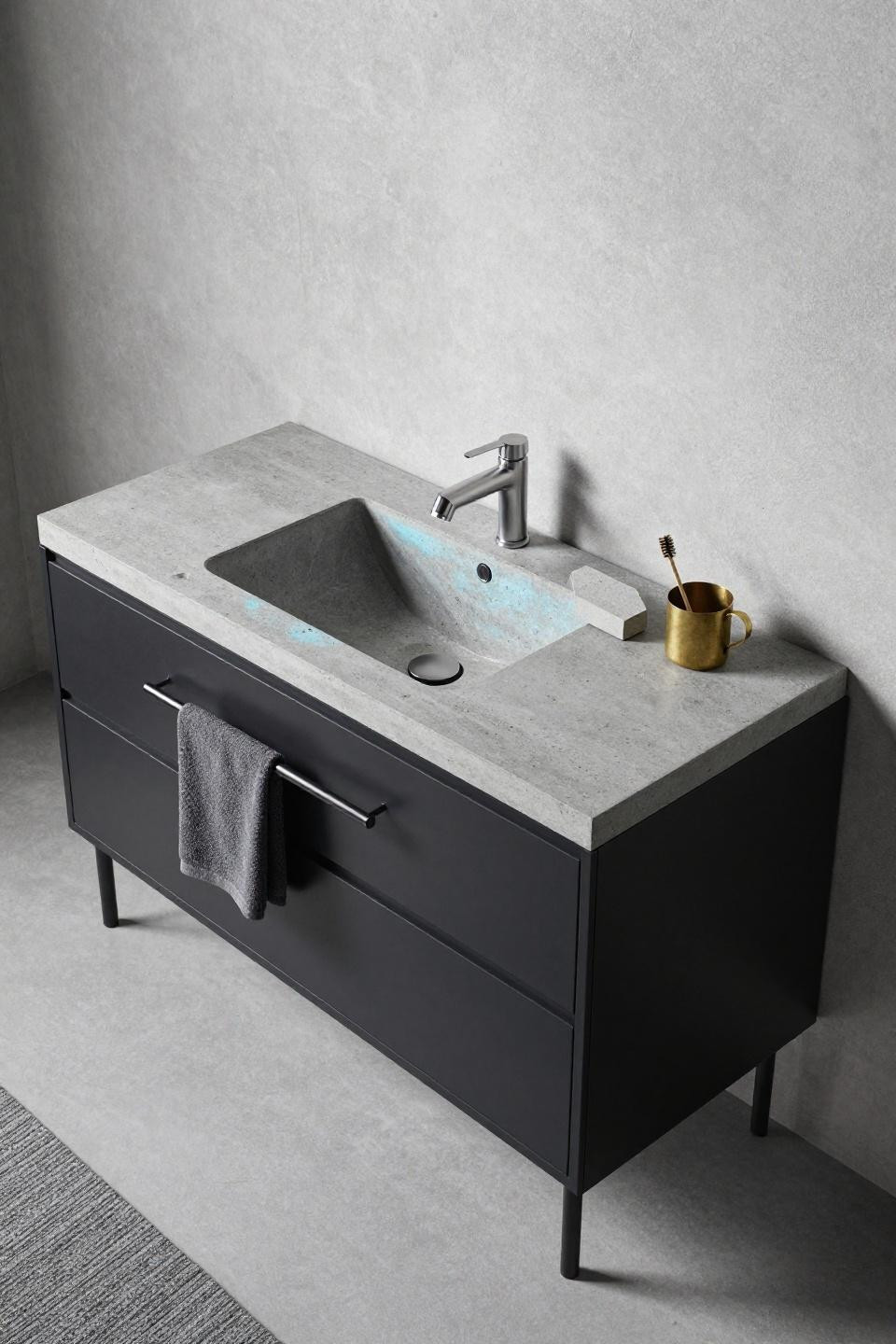 Master Bath Ideas - matte black steel frame vanity with concrete top