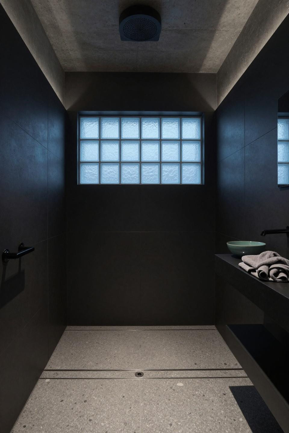 Walk Through Showers - seamless black tile with terrazzo floor