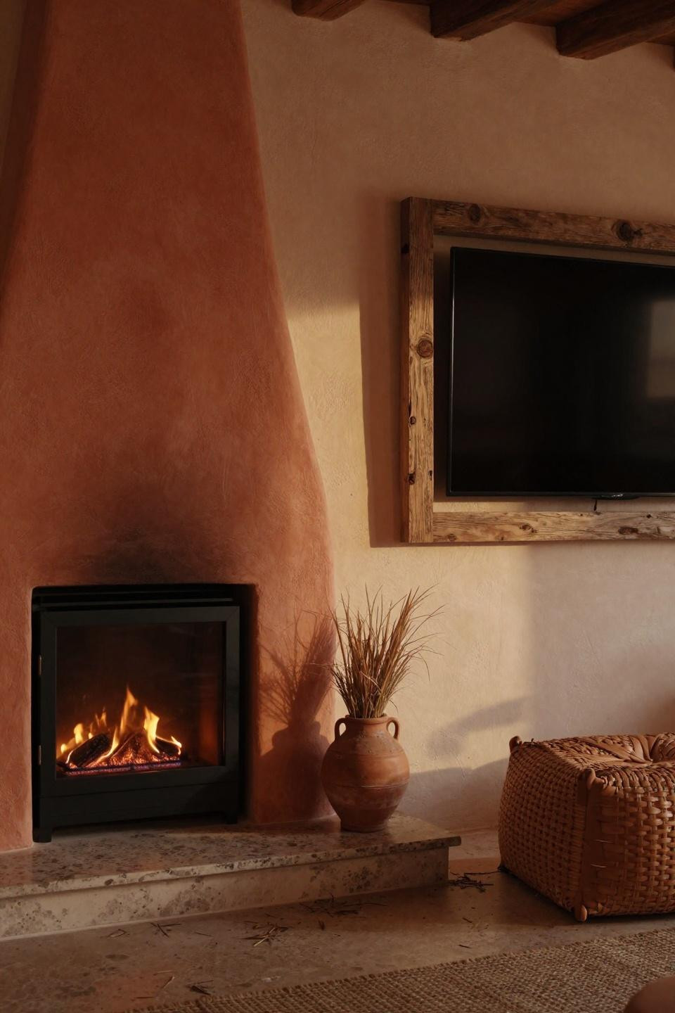 Entertainment Wall With Fireplace - terracotta limewash arched fireplace
