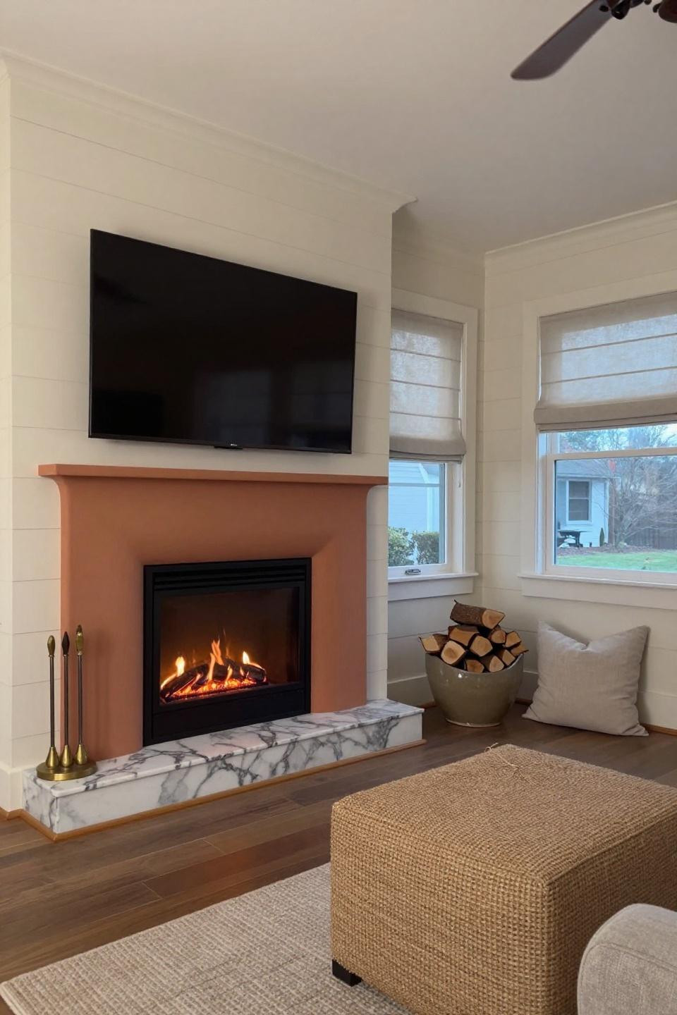 Tv And Fire Wall Ideas Living Room - cream shiplap curved fireplace