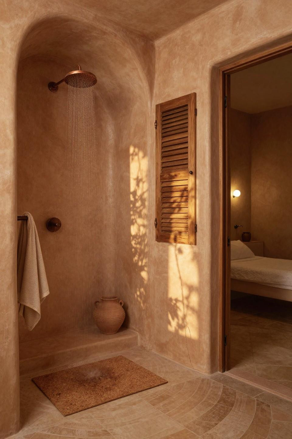 Walk In Shower With Wall No Door - curved terracotta plaster with copper fixtures