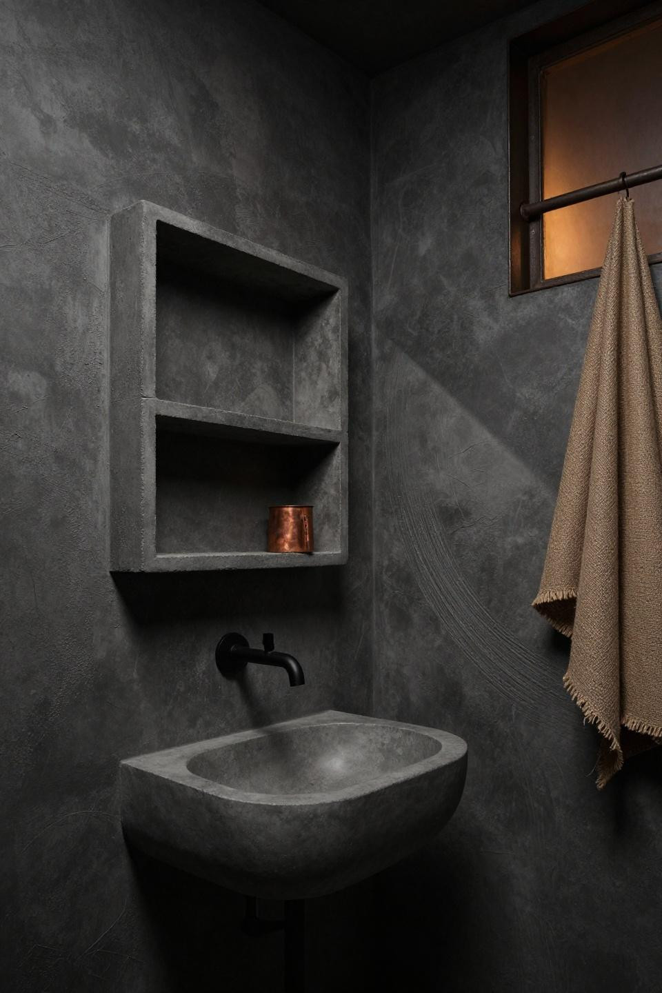 microcement bathroom ideas - brutalist charcoal concrete with sculptural sink