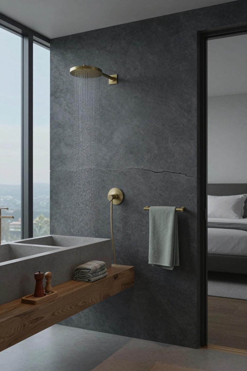 wabi sabi bathroom - graphite microcement with brass rainfall shower