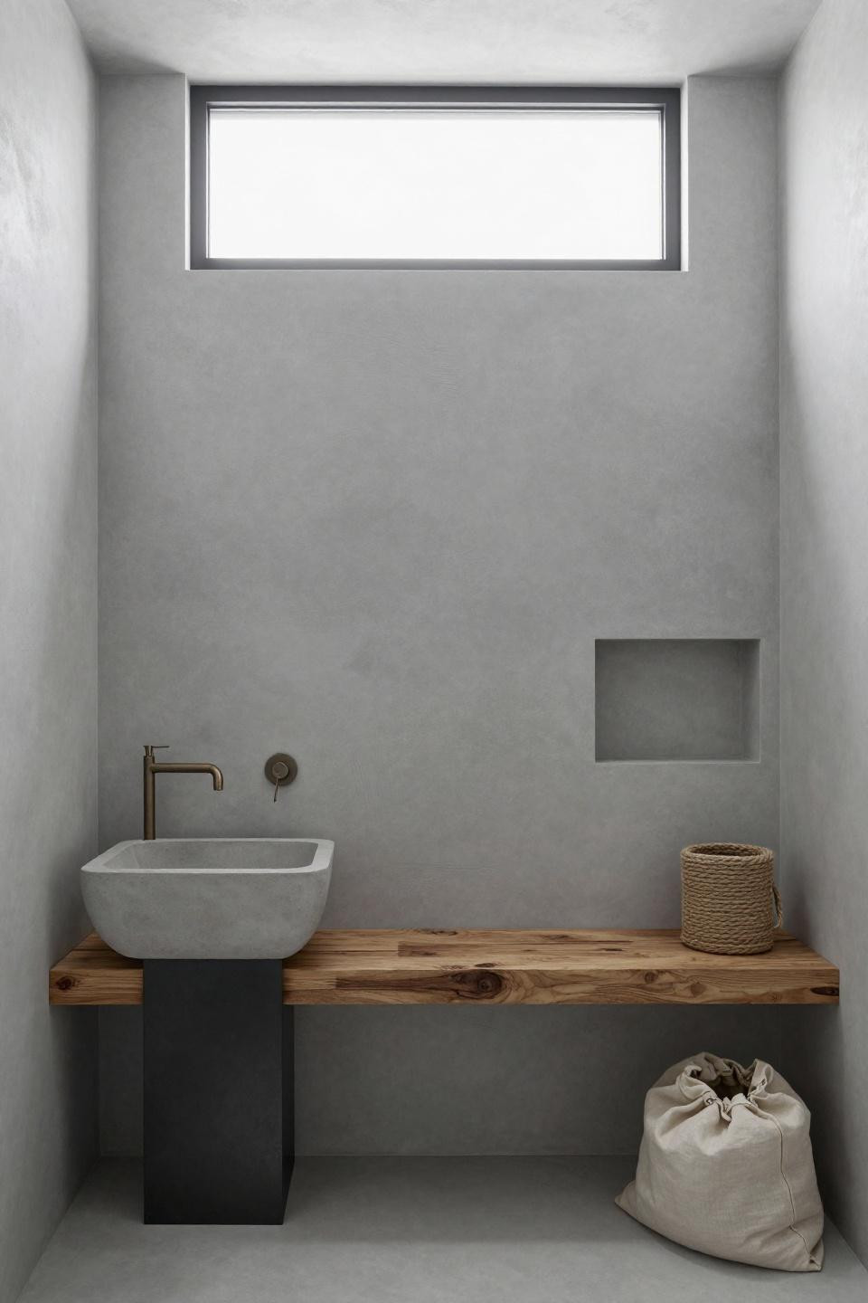 micro concrete bathroom - scandinavian driftwood bench with vessel sink