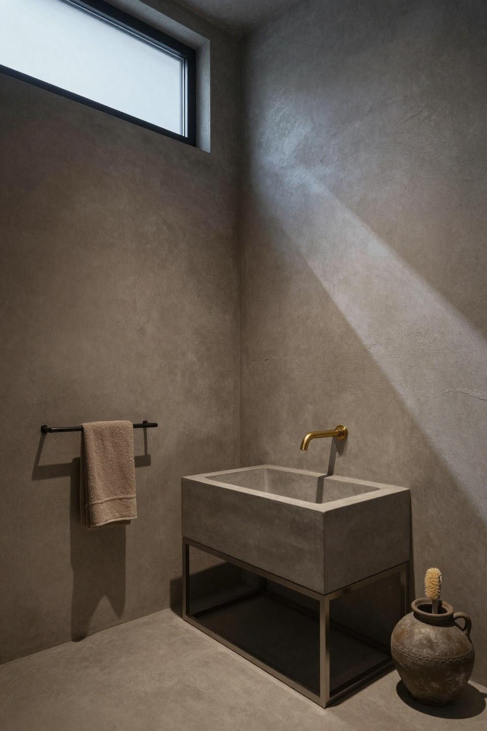 tadelakt bathroom - warm taupe microcement with brass gooseneck faucet