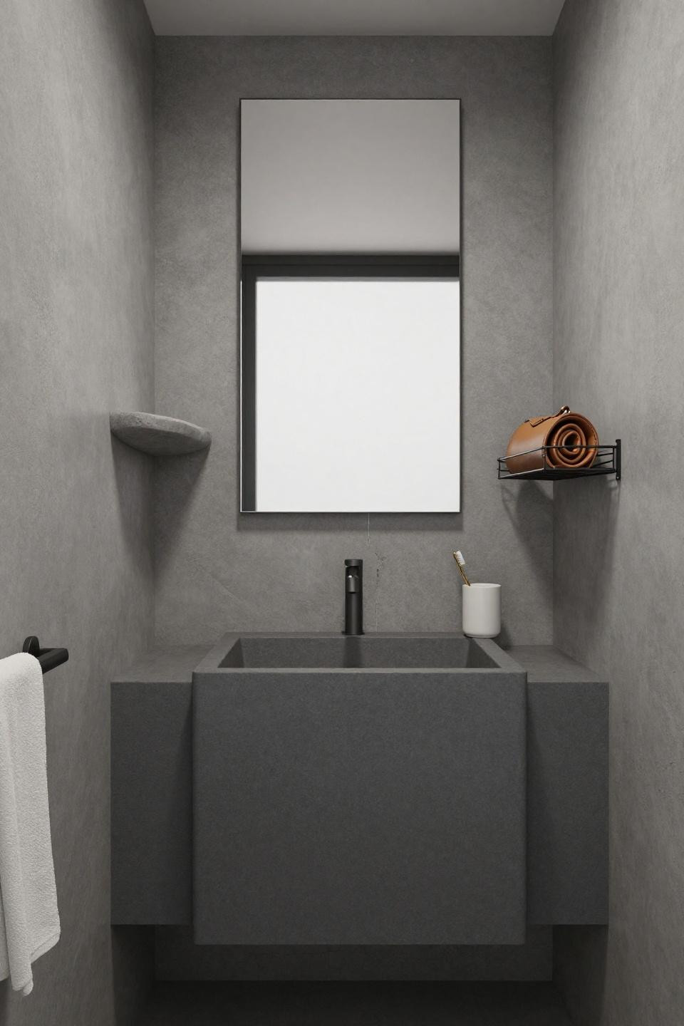 microcement bathroom ideas - matte graphite integrated rectangular sink