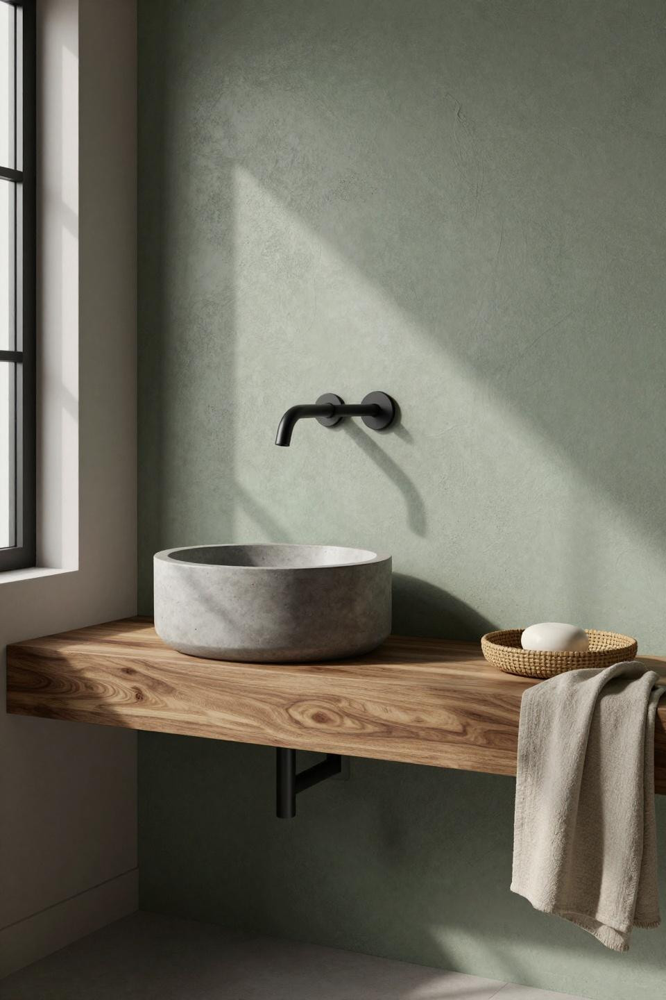 concrete bathroom ideas - japandi floating walnut vanity with sage microcement