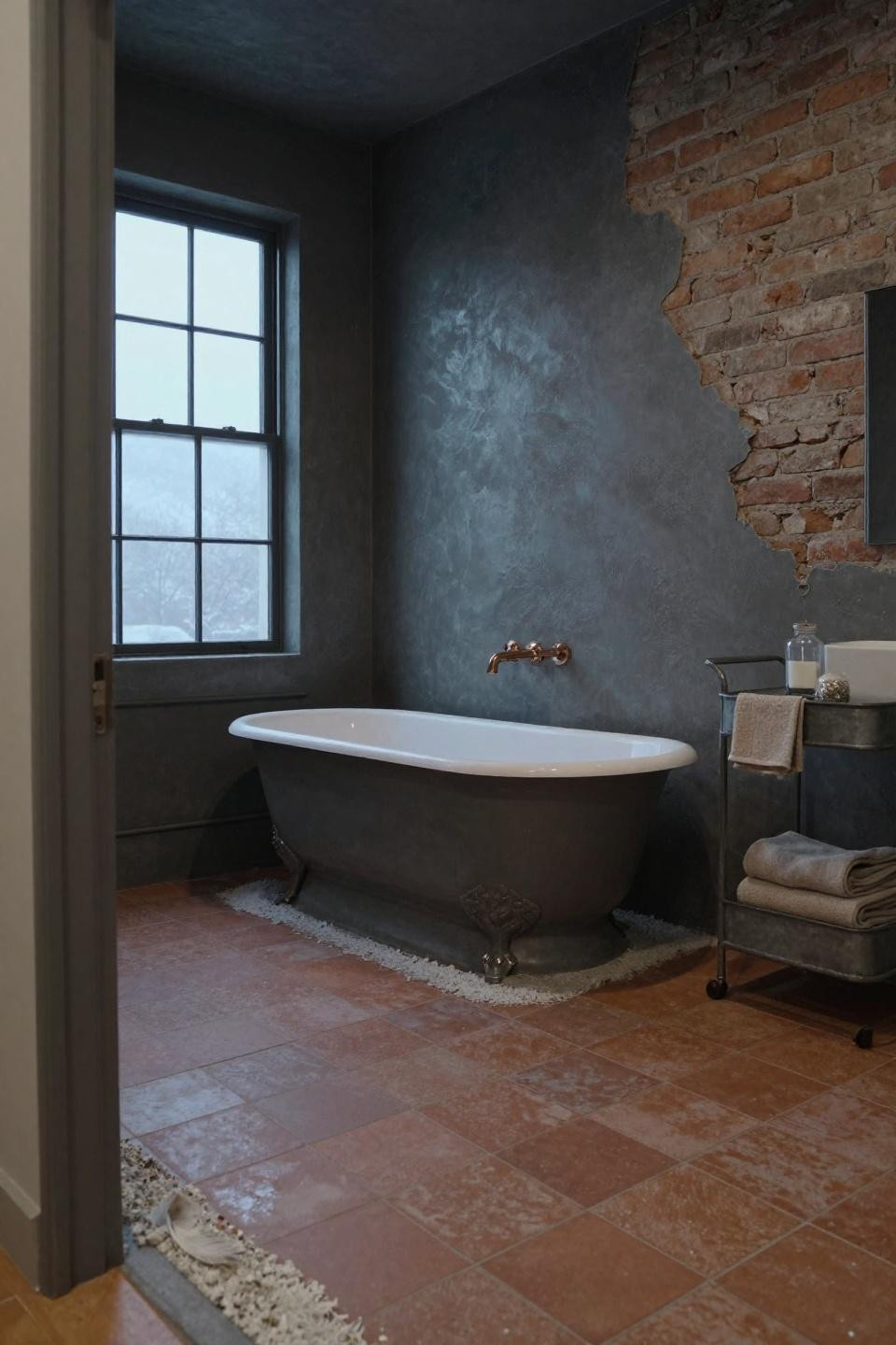 microcement bathroom ideas - raw brick with charcoal grey and vintage clawfoot
