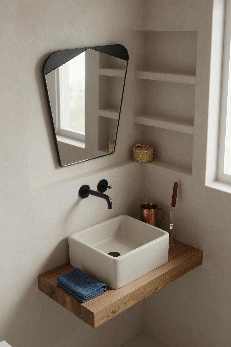 microcement bathroom ideas - stepped recessed corner shelving with vessel sink