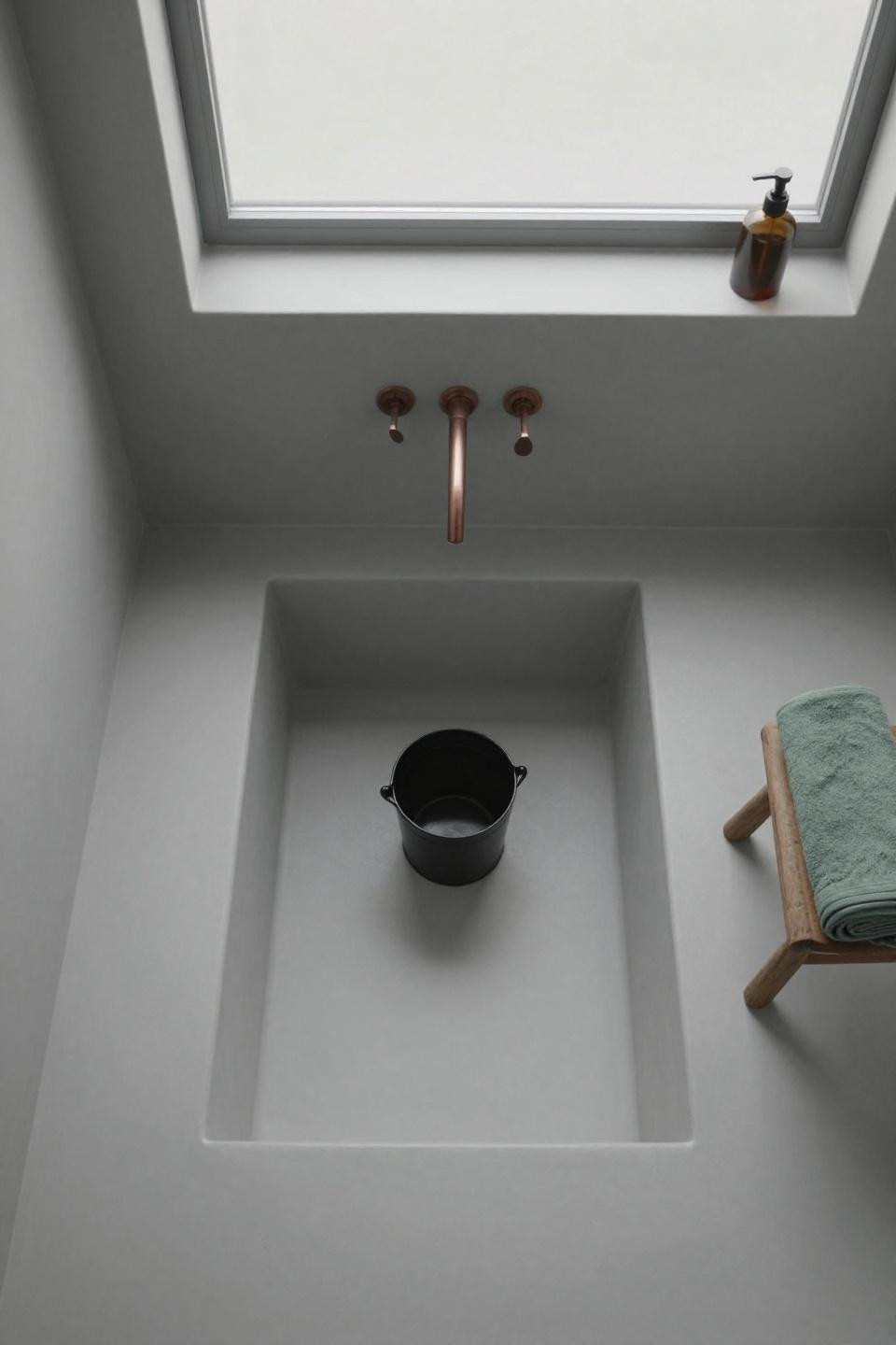 cement bathroom ideas - sunken rectangular basin carved into microcement floor