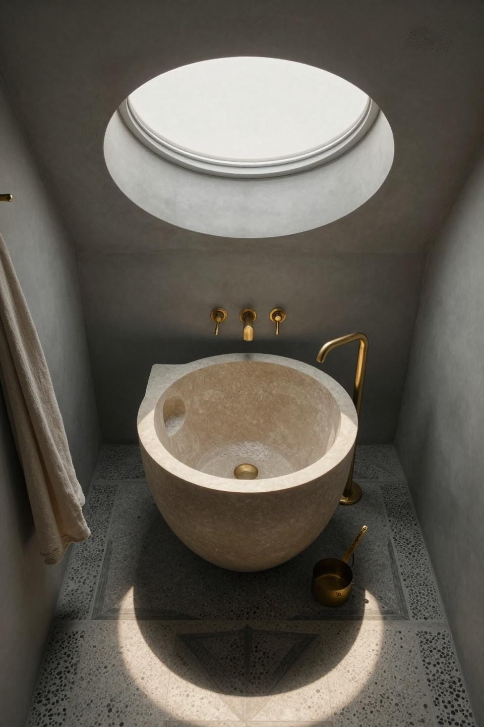 microcement shower - travertine vessel under circular skylight