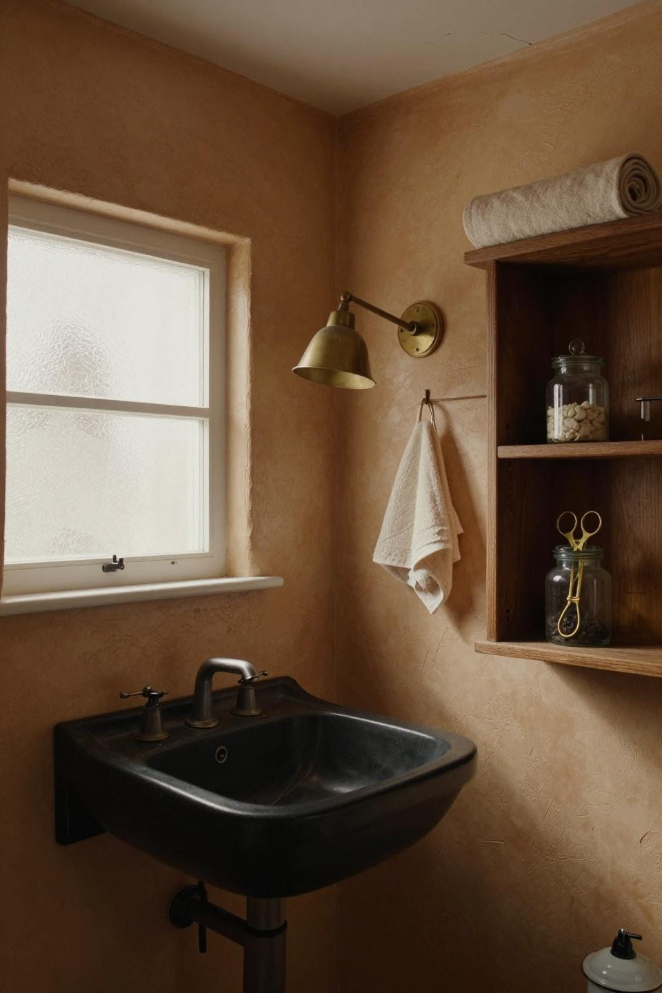 microcement bathroom ideas - hand-troweled ochre tadelakt with black vessel