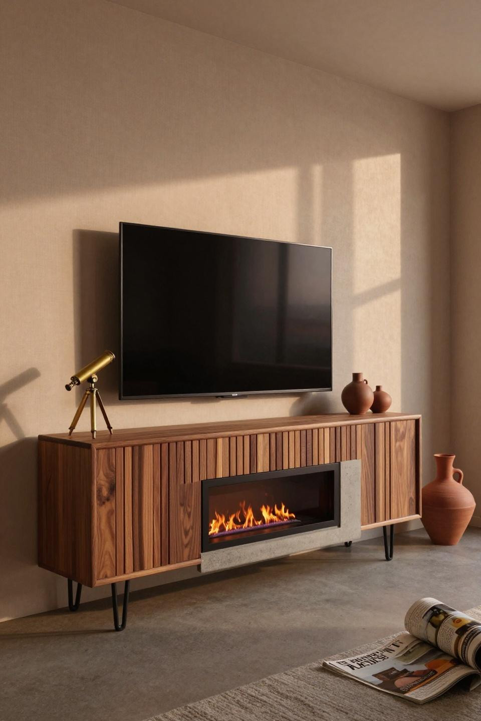 Media Wall Ideas With Fireplace - walnut console black hairpin legs