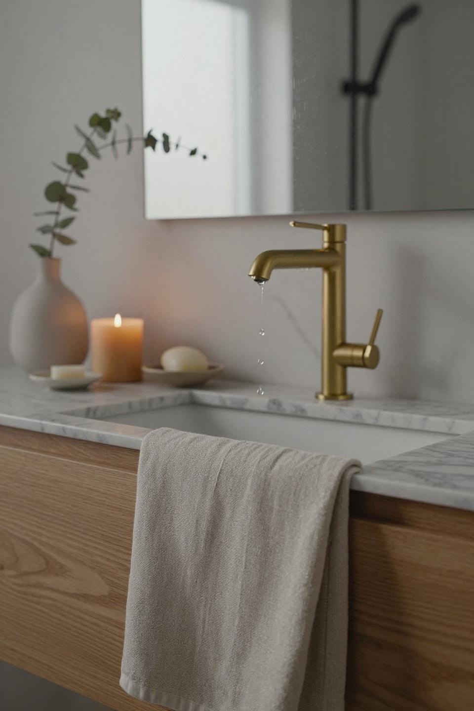 Closeup of brass faucet on Calacatta marble in Japandi bathroom
