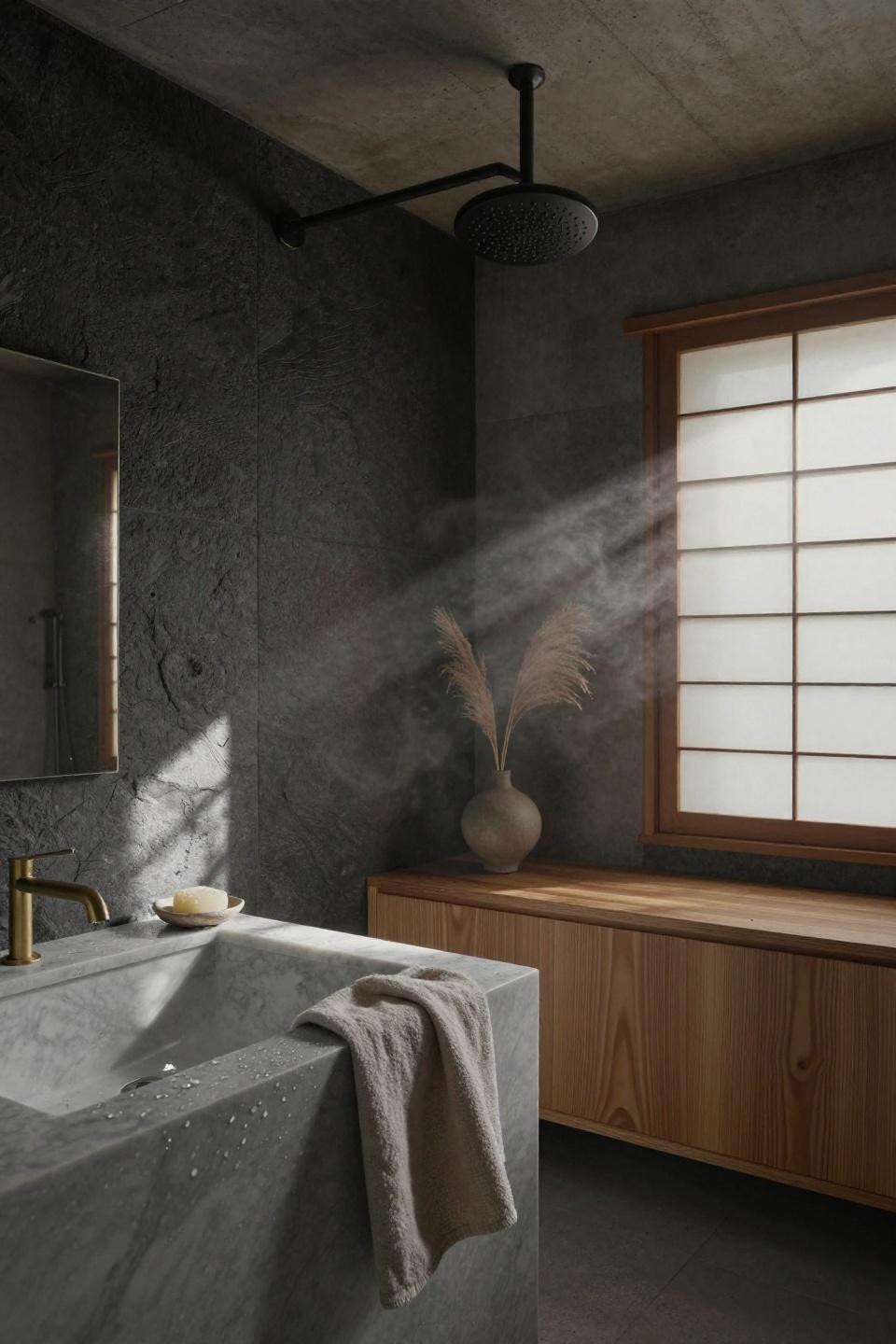 Japandi bathroom with unlacquered brass faucet and charcoal limestone