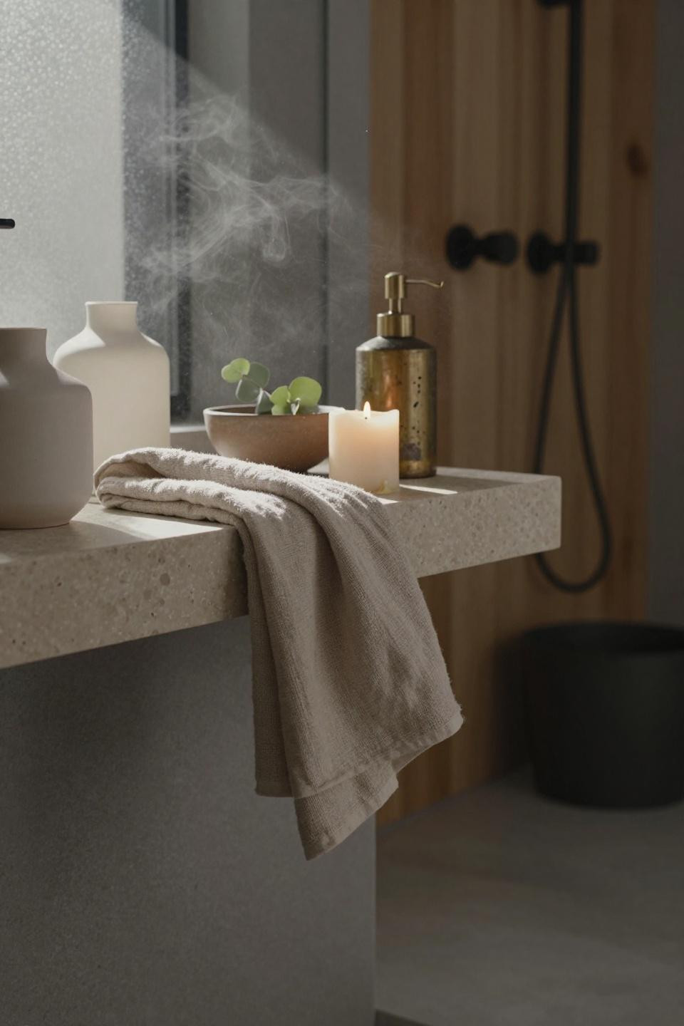 Japandi bathroom open shelving with travertine shelf and linen towel