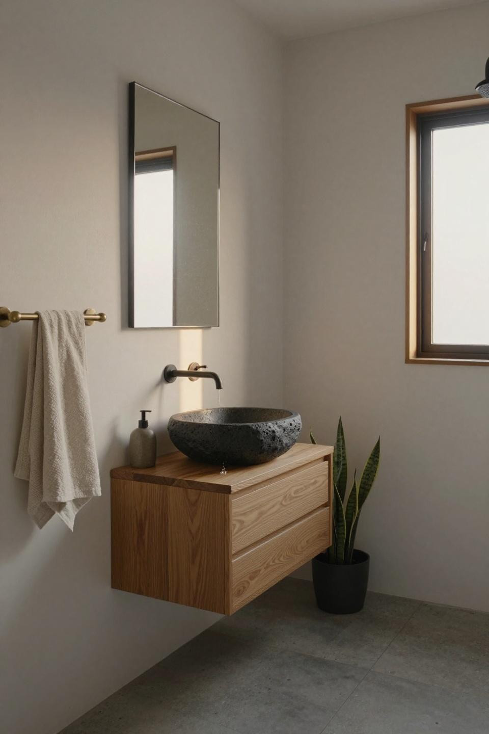 Small Japandi bathroom with oak vanity and stone vessel sink
