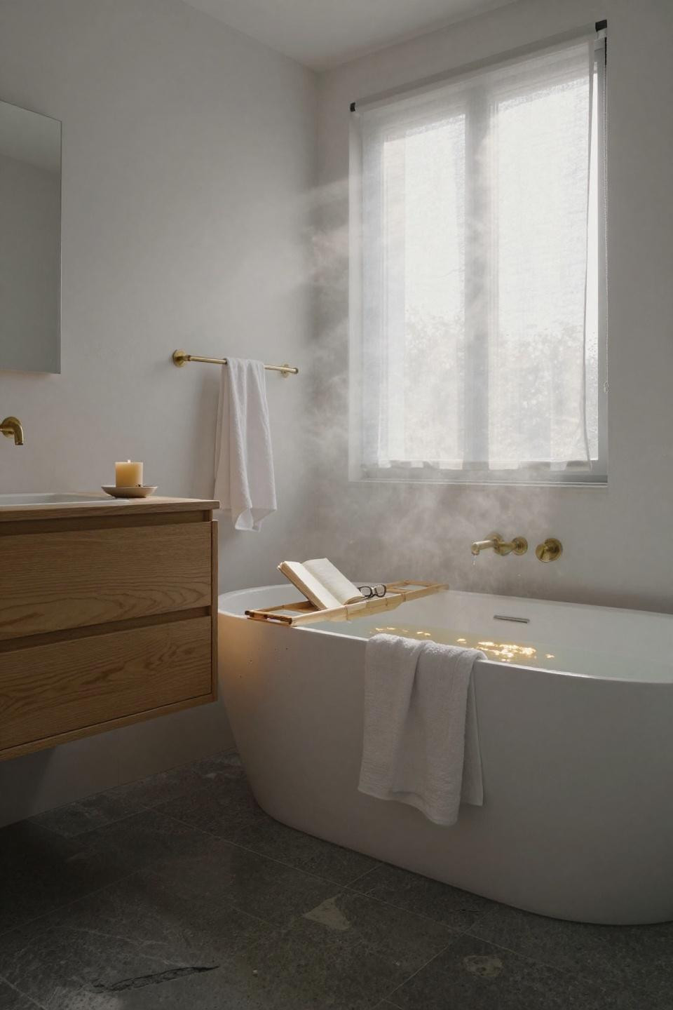 Japandi bathroom with freestanding tub and oak vanity