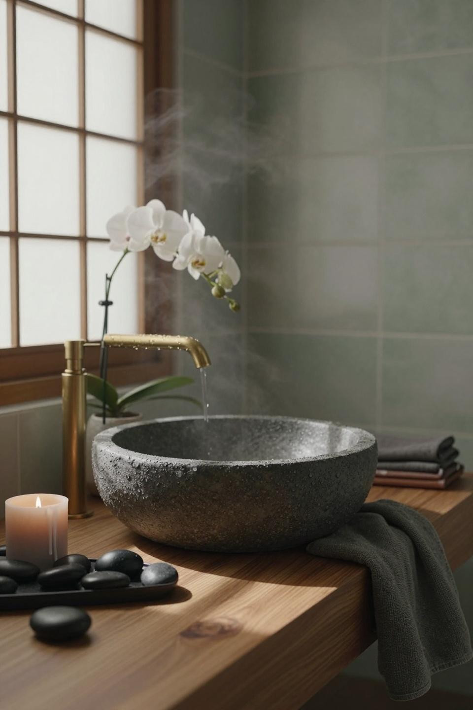 Japandi bathroom closeup with volcanic stone vessel sink and brass faucet
