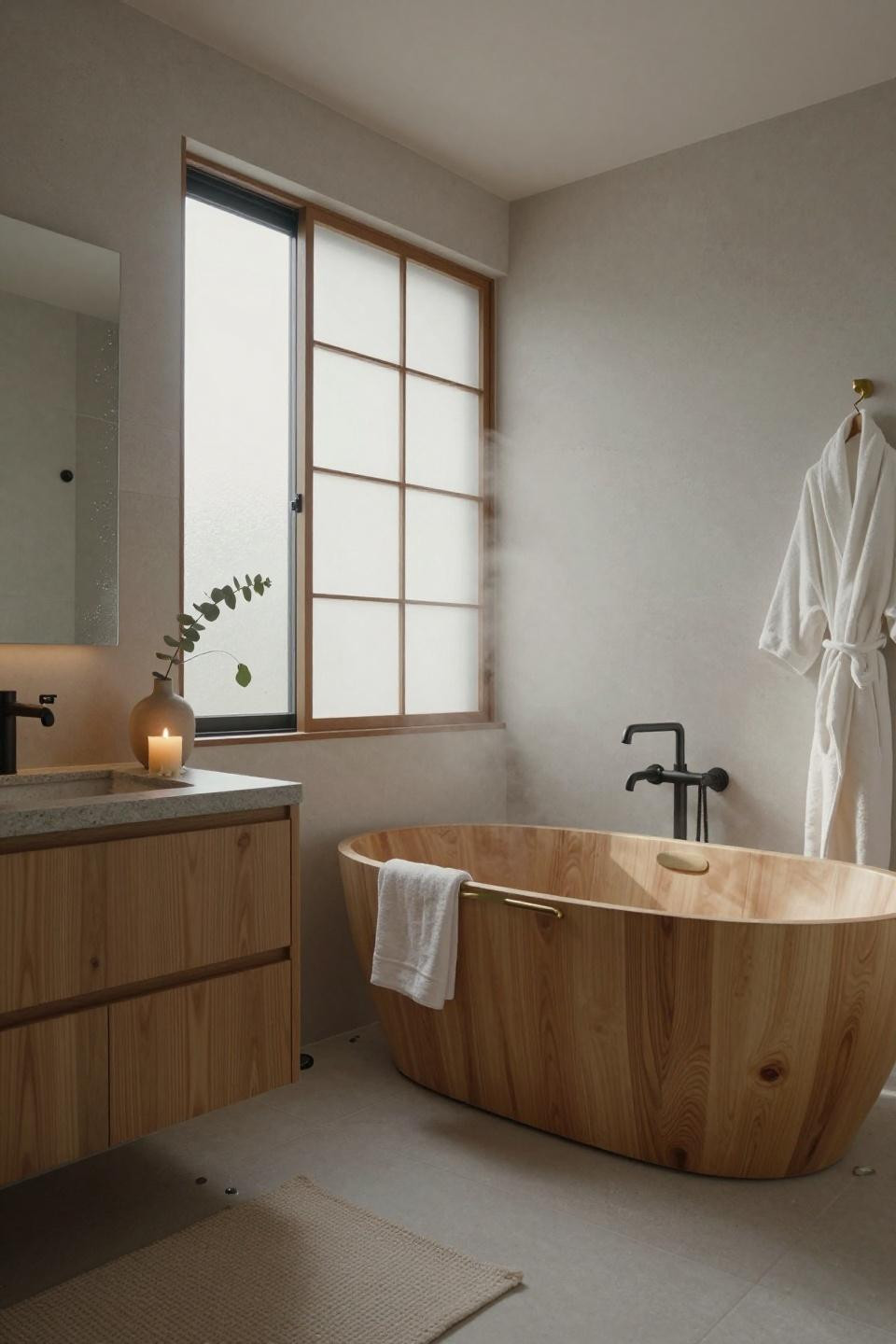 Japandi bathroom with hinoki cypress tub and translucent shoji panels
