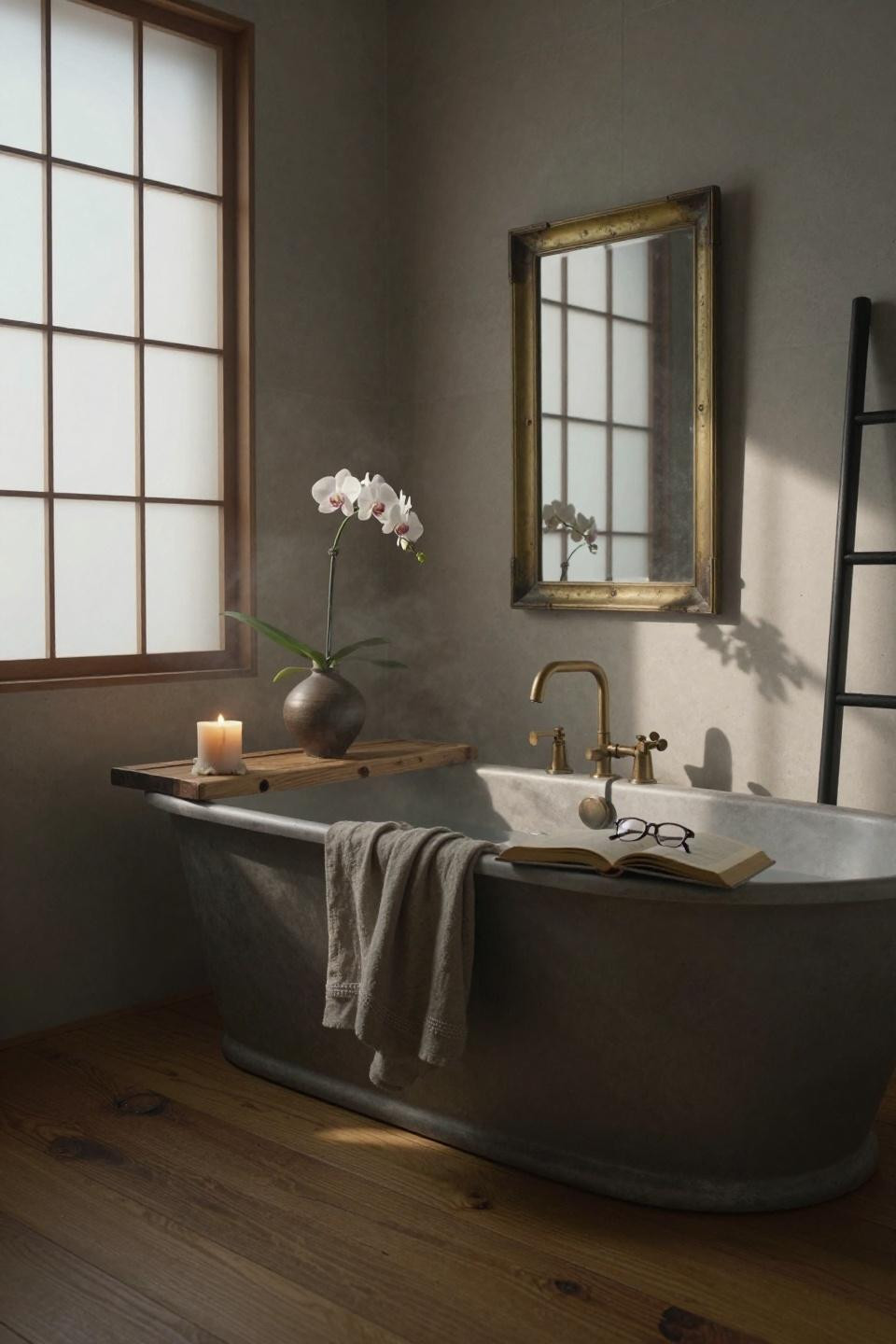 Japandi bathroom with cast-iron soaking tub and bronze fixtures