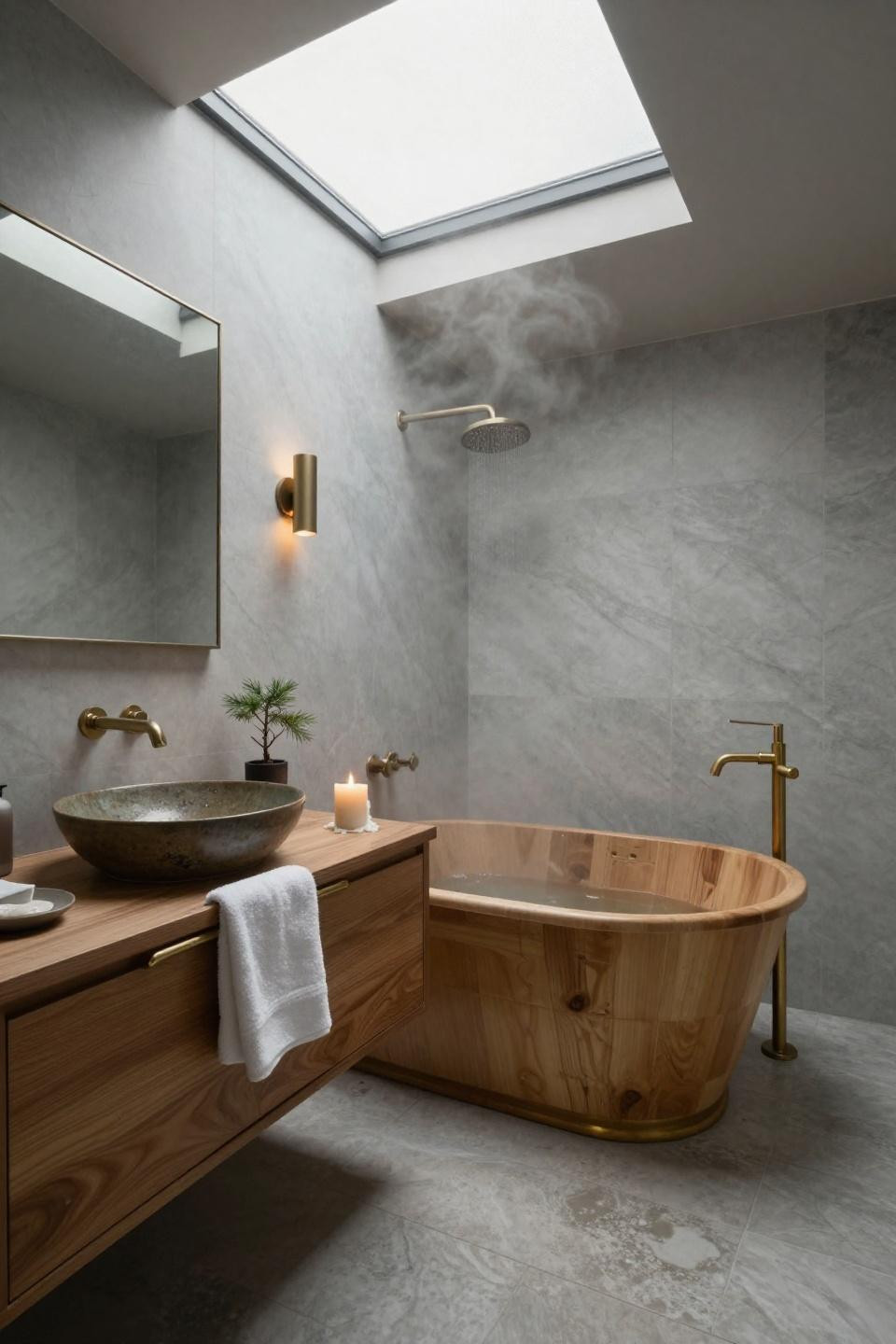 Japandi bathroom with hinoki cedar tub and limestone tiles