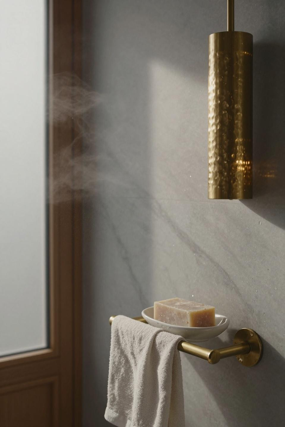 Japandi bathroom with unlacquered brass fixtures and Carrara marble