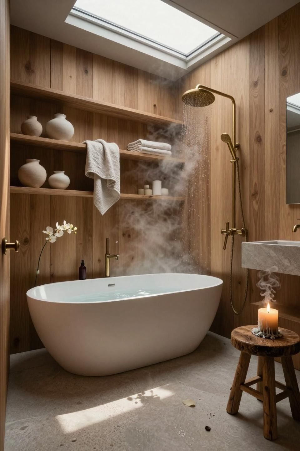 Japandi bathroom with floor-to-ceiling oak slat wall and open shelving