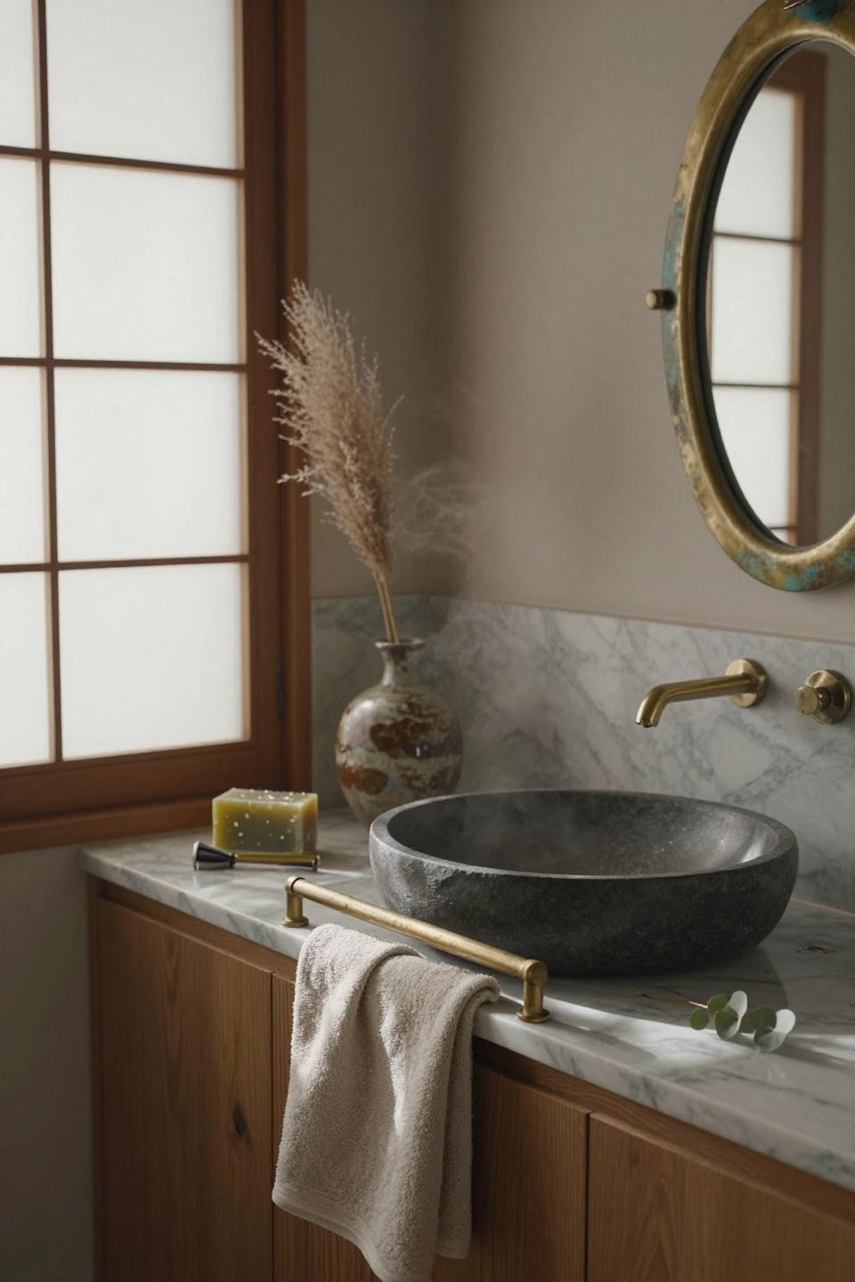 Japandi bathroom with vintage brass mirror and teak cabinetry