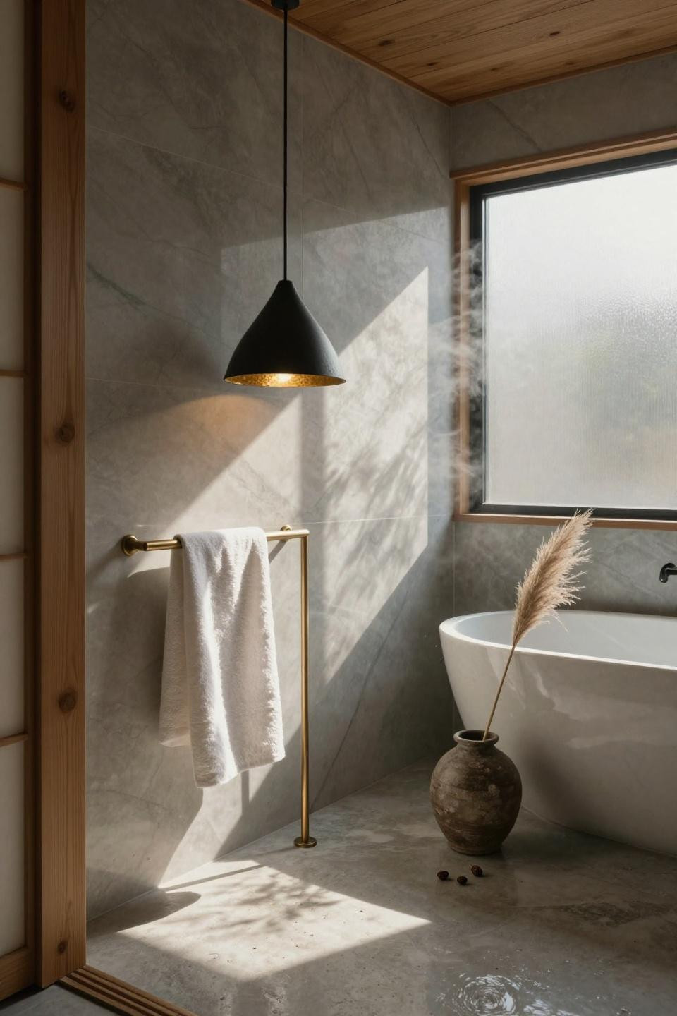 Japandi bathroom with matte black pendant and hinoki accents