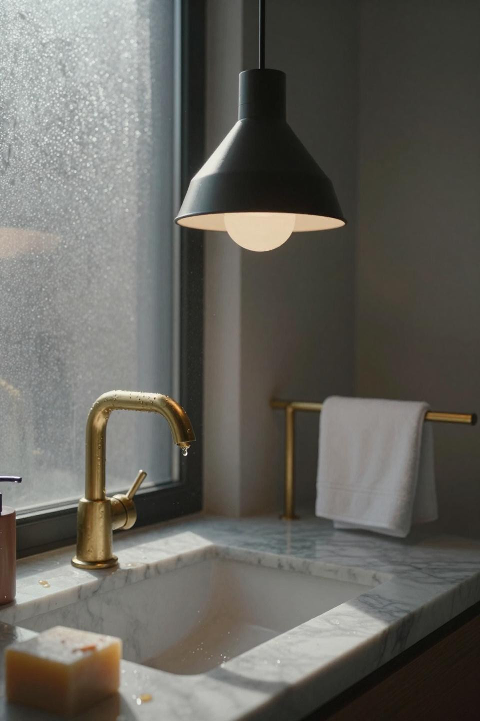 Japandi bathroom with brass pendant light and black fixtures