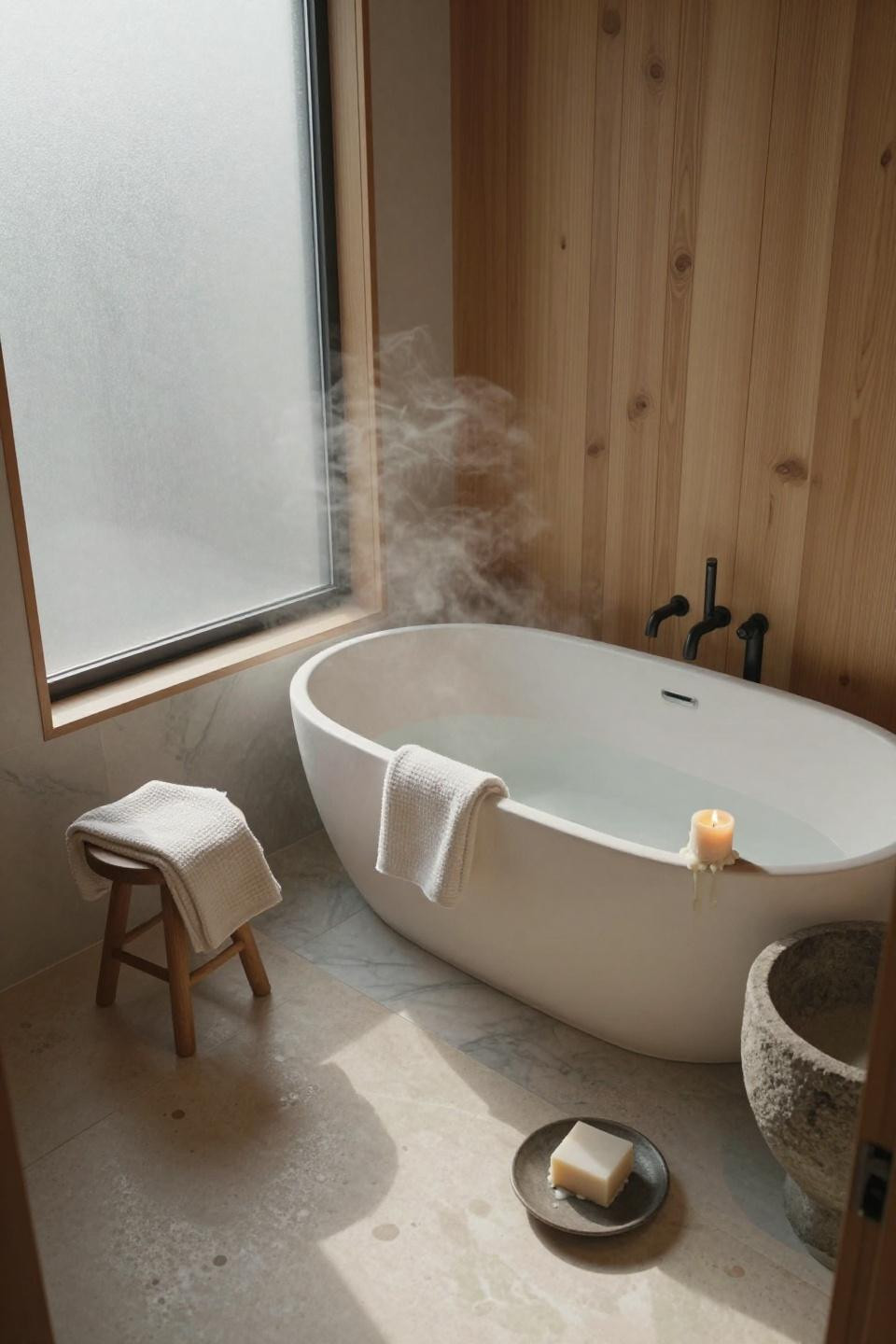 Japandi bathroom with hinoki wood soaking tub and limestone floors